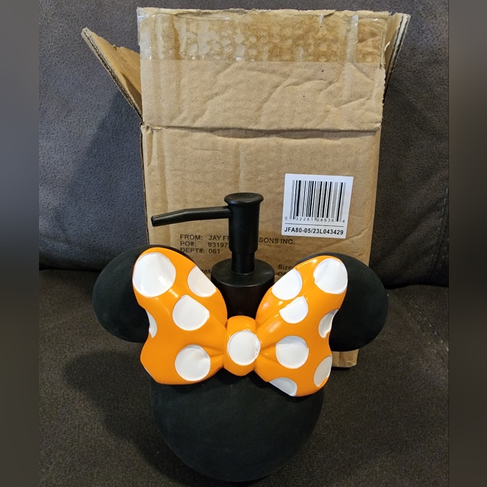NWT Disney Minnie Mouse Black Soap Dispenser 6in Orange White Polka Dot Bow Pump